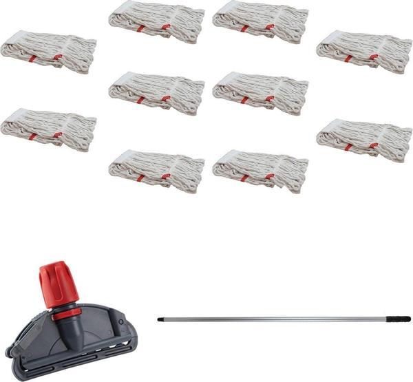 Dar Yedek Islak Mop Takımı - 10 Adet Beyaz 350 Gr. 17 Cm. Islak Mop + Metal Sap + Mop Tutucu - Image 1