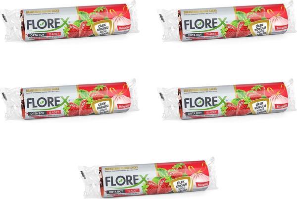 Florex 40 Litre Büzgülü Çilek Kokulu Çöp Torbası Poşeti / 55 x 60 Cm. - 10 Adetlik 5 Rulo - Image 1