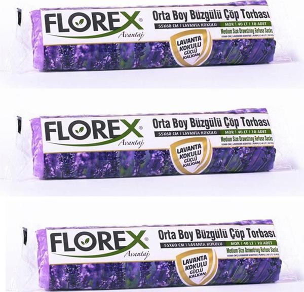 Florex 40 Litre Büzgülü Lavanta Kokulu Çöp Torbası Poşeti / 55 x 60 Cm. - 10 Adetlik 3 Rulo - Image 1