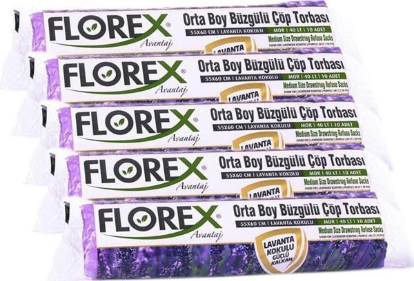 Florex 40 Litre Büzgülü Lavanta Kokulu Çöp Torbası Poşeti / 55 x 60 Cm. - 10 Adetlik 5 Rulo - Image 1