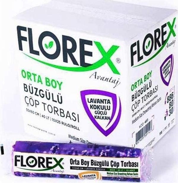 Florex 40 Litre Büzgülü Lavanta Kokulu Çöp Torbası Poşeti / 55 x 60 Cm. - 10x25 Rulo / Koli - Image 1