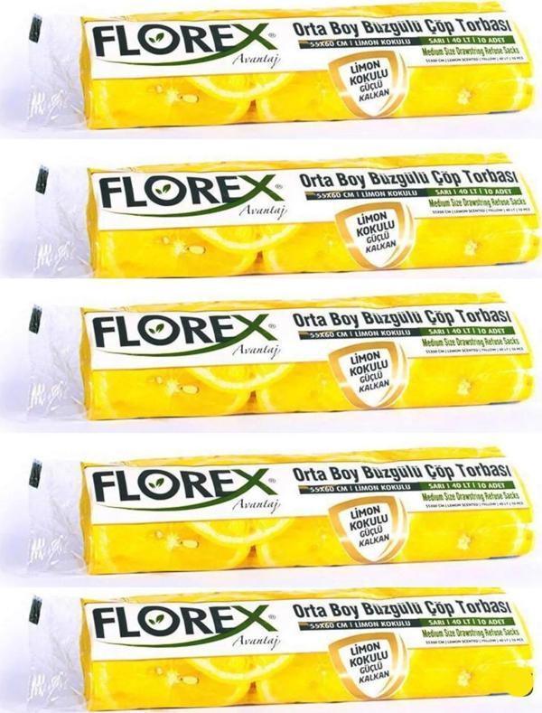 Florex 40 Litre Büzgülü Limon Kokulu Sarı Çöp Torbası Poşeti / 55 x 60 Cm. - 10 Adetlik 5 Rulo - Image 1