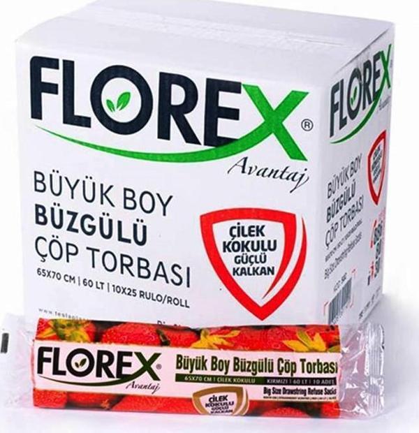 Florex 60 Litre Büzgülü Çilek Kokulu Çöp Torbası Poşeti / 65 x 70 Cm. - 10x25 Rulo / Koli - Image 1