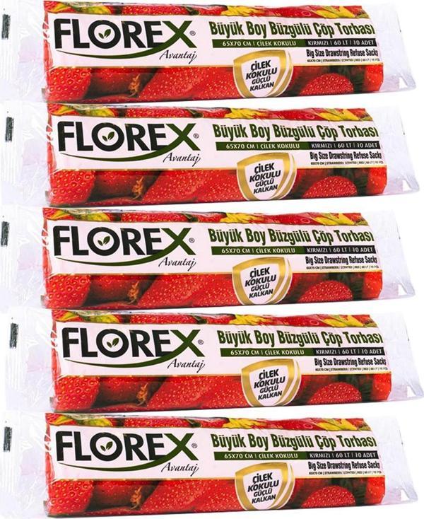 Florex 60 Litre Büzgülü Çilek Kokulu Çöp Torbası Poşeti / 65 x 70 Cm. - 10x5 Rulo / Paket - Image 1