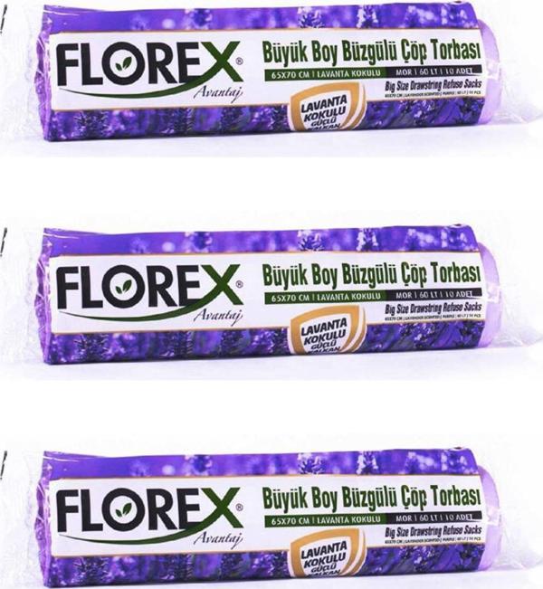 Florex 60 Litre Büzgülü Lavanta Kokulu Çöp Torbası Poşeti / 65 x 70 Cm. - 10 Adetlik 3 Rulo - Image 1