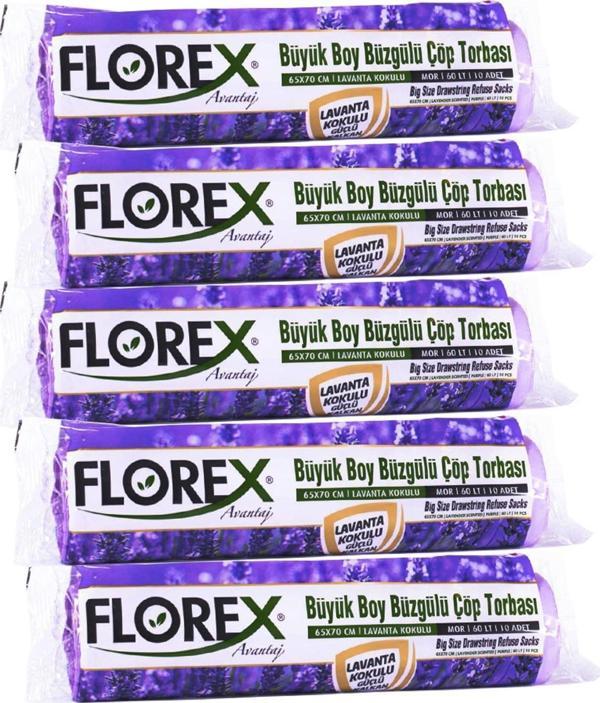 Florex 60 Litre Büzgülü Lavanta Kokulu Çöp Torbası Poşeti / 65 x 70 Cm. - 10x5 Rulo / Paket - Image 1