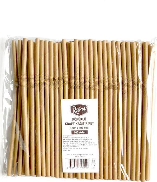 Roll-Up Doğaya Dönüş Ekolojik Doğal Körüklü Kraft Kağıt Pipet - 6 mm. - 19.5 Cm. - 100'lü Paket - Image 1
