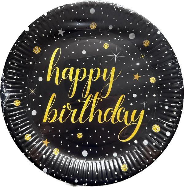 Roll-Up Doğum Günü Işıltılı Siyah Happy Bithday Yazılı Karton Tabak - 22 Cm. - 8 Adetlik 1 Paket - Image 1