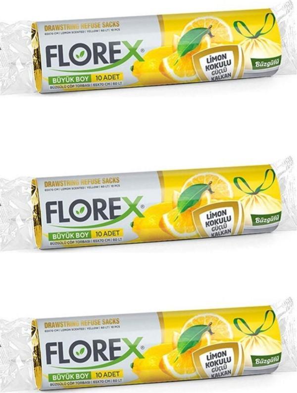 Florex 60 Litre Büzgülü Limon Kokulu Sarı Çöp Torbası Poşeti / 65 x 70 Cm. - 10 Adetlik 3 Rulo - Image 1
