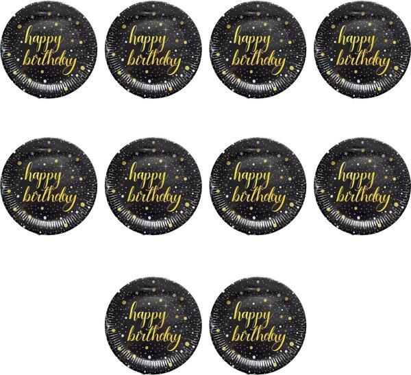 Roll-Up Doğum Günü Işıltılı Siyah Happy Bithday Yazılı Karton Tabak - 22 Cm. - 8 Adetlik 10 Paket - Image 1
