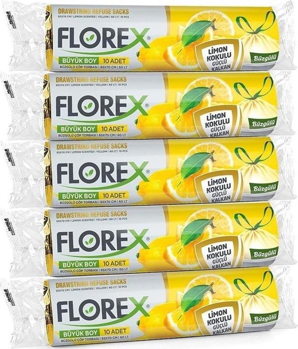 Florex 60 Litre Büzgülü Limon Kokulu Sarı Çöp Torbası Poşeti / 65 x 70 Cm. - 10 Adetlik 5 Rulo - Image 1