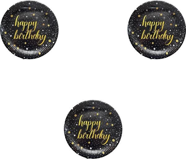 Roll-Up Doğum Günü Işıltılı Siyah Happy Bithday Yazılı Karton Tabak - 22 Cm. - 8 Adetlik 3 Paket - Image 1
