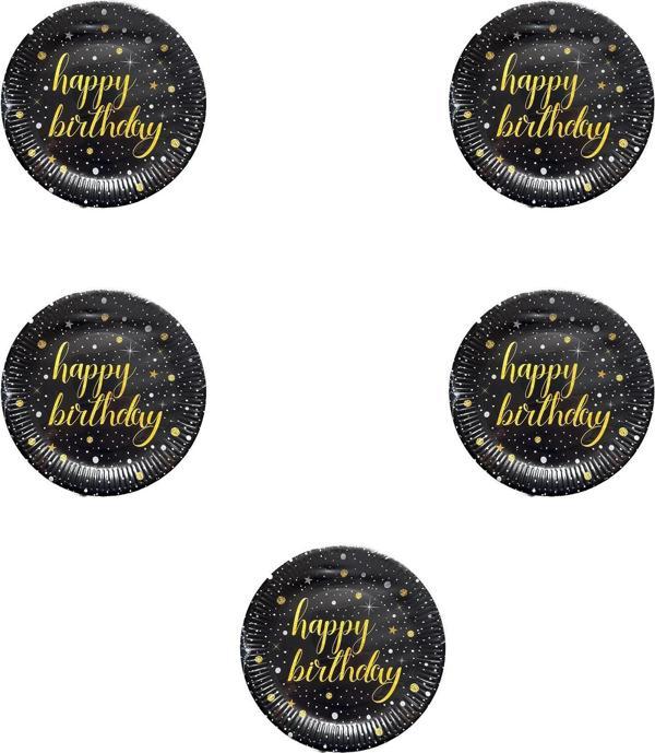 Roll-Up Doğum Günü Işıltılı Siyah Happy Bithday Yazılı Karton Tabak - 22 Cm. - 8 Adetlik 5 Paket - Image 1