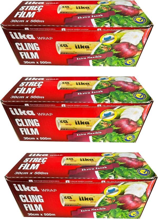İlka Şeffaf Mutfak Rulo Streç Film Folyo - 30 Cm. x 500 Metre - Gıdaya Uygun - 3 Paket - Image 1