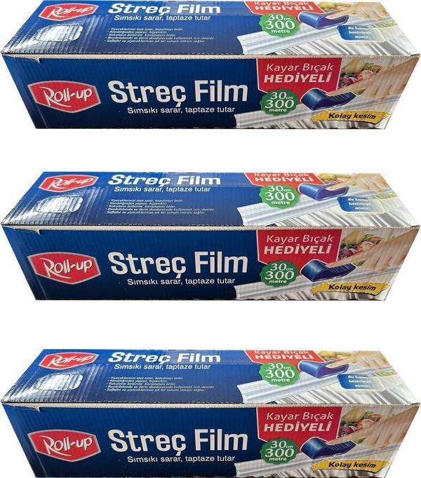 Roll-Up Şeffaf Mutfak Rulo Streç Film Folyo - 30 Cm. x 300 Metre - Gıdaya Uygun - 3 Paket - Image 1