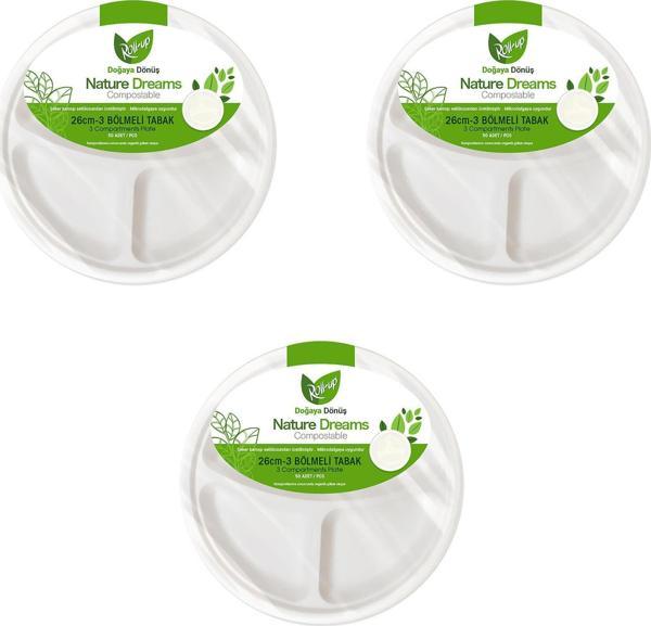 Roll-Up Nature Ekolojik Karton Kağıt Tek Kullanımlık 3 Bölmeli Tabak - 26 Cm. - 50 Adetlik 3 Paket - Image 1