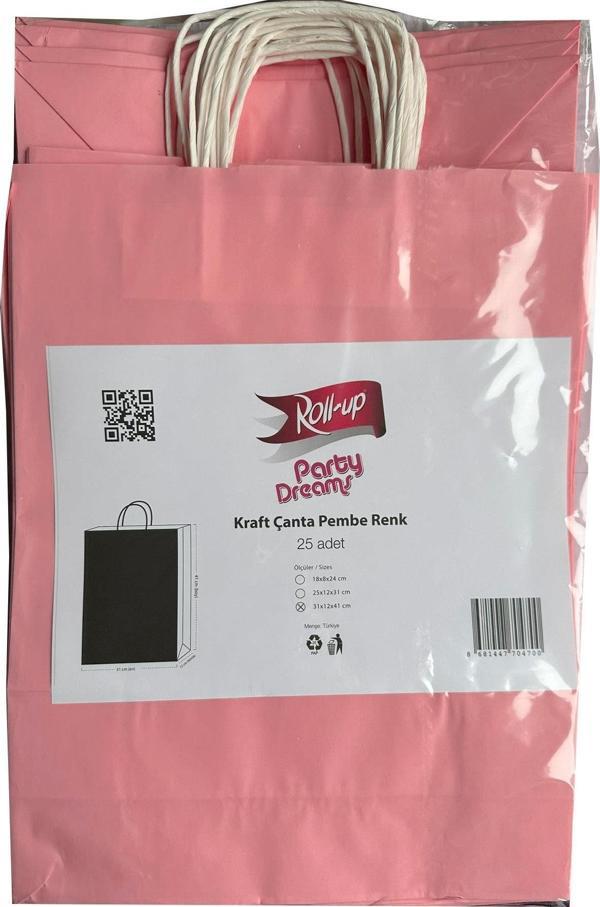 Büküm Saplı Kraft Kağıt Karton Hediyelik Çanta Poşet Torba - Pembe - 25x31 Cm. - 25 Adetlik 4 Paket - Image 1