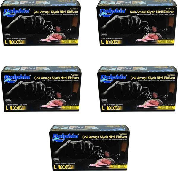 Dolphin Tek Kullanımlık Lateks Siyah Pudrasız Nitril Eldiven Large Büyük Boy -100'lü 5Paket - Image 1