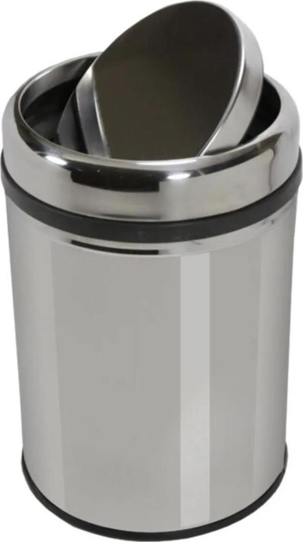 Metal Paslanmaz Krom Pratik Döner Kapaklı 16 Litre Çöp Kutusu Kovası - 1 Adet - Image 1