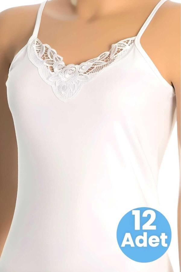 Uniquetrenders Kadın Pamuklu Ip Askılı Güpürlü 12'Li Atlet Beyaz 2XL - Image 1