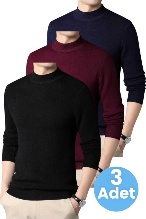 Uniquetrenders 3'Lü  Erkek Tüylenmeyen Yarım Boğazlı Triko Kazak Yarım Balıkçı Triko Kazak Siyah - Bordo - Lacivert 2XL - Image 1