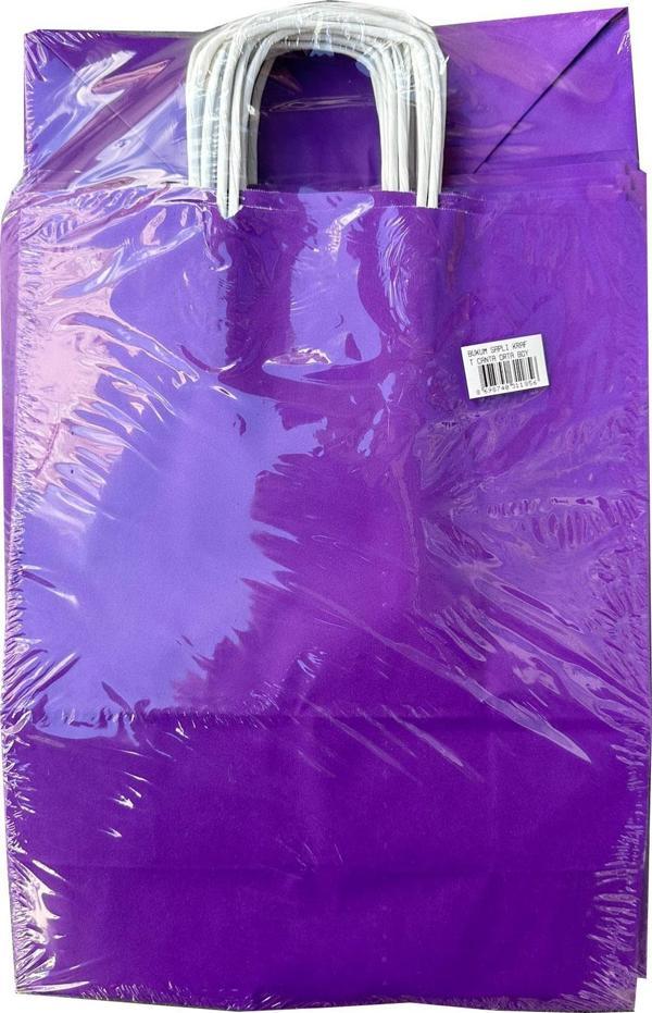 Büküm Saplı Kraft Kağıt Çanta Karton Hediyelik Poşet Torba - Mor - 18x24 Cm. - 25 Adetlik Paket - Image 1