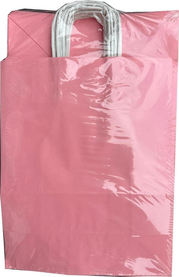 Büküm Saplı Kraft Kağıt Çanta Karton Hediyelik Poşet Torba - Pembe - 18x24 Cm. - 25 Adetlik 2 Paket - Image 1