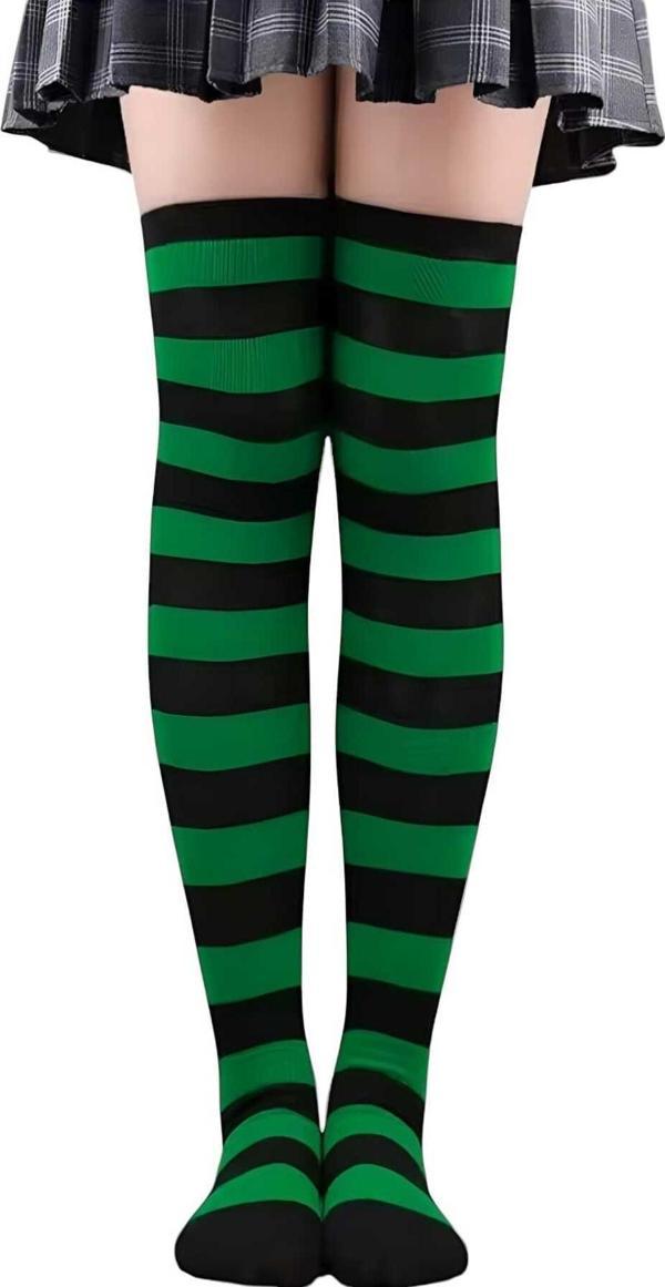 Uniquetrenders Pamuklu Çizgili Diz Üstü Çorap Yeşil - Siyah 36-41 - Image 1