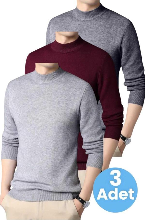 Uniquetrenders 3'Lü  Erkek Tüylenmeyen Yarım Boğazlı Triko Kazak Yarım Balıkçı Triko Kazak Gri - Bordo - Füme XL - Image 1