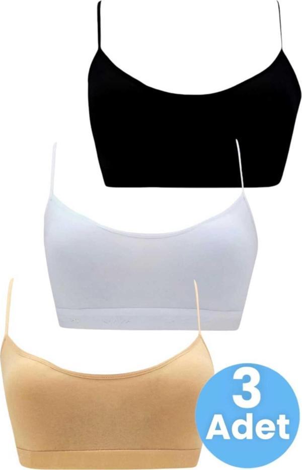 Uniquetrenders Kız Çocuk 3'Lü Pedli Pamuklu Ince Askılı Büstiyer Günlük Alıştırma Sütyeni Siyah - Beyaz - Ten 12-14 Yaş - Image 1