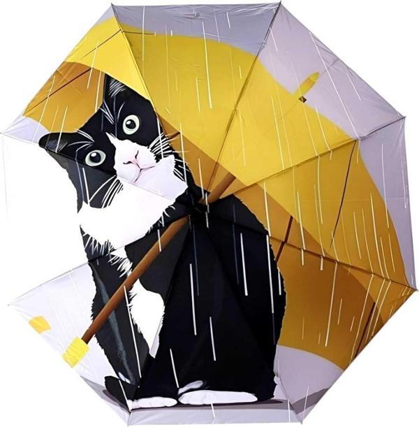 Uniquetrenders Kedi Desenli Canlı Lüx Renkli Baskılı Rüzgara Dayanıklı 8 Telli Katlanabilir Manuel Şemsiye Siyah - Sarı  - Image 1