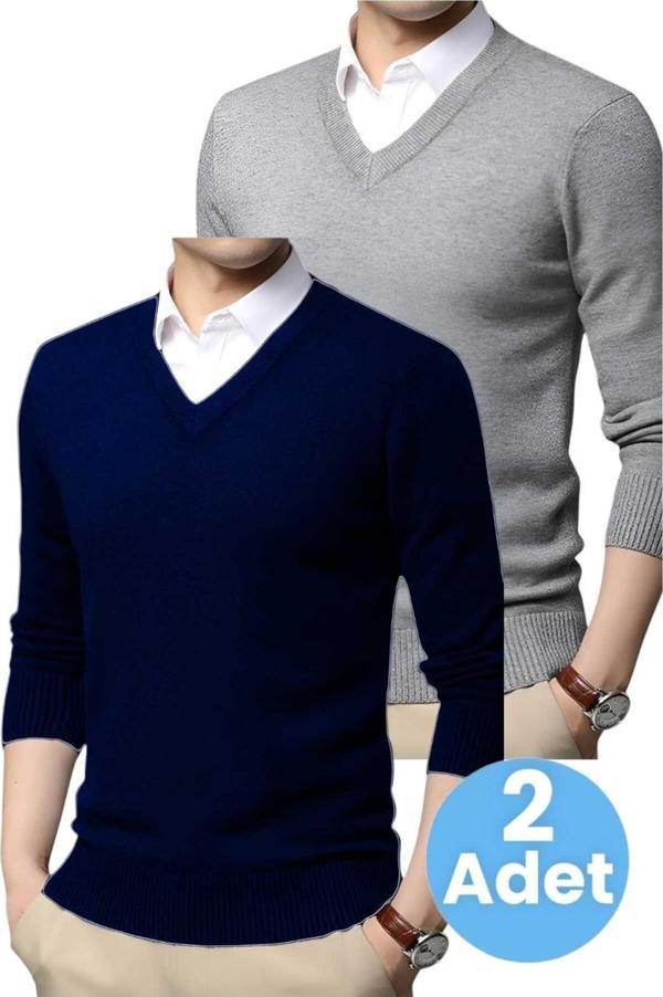 Uniquetrenders 2'Li  Erkek V Yaka Uzun Kol Triko Tüylenmez Süveter Erkek Slim Fit Süveter Lacivert - Gri S - Image 1