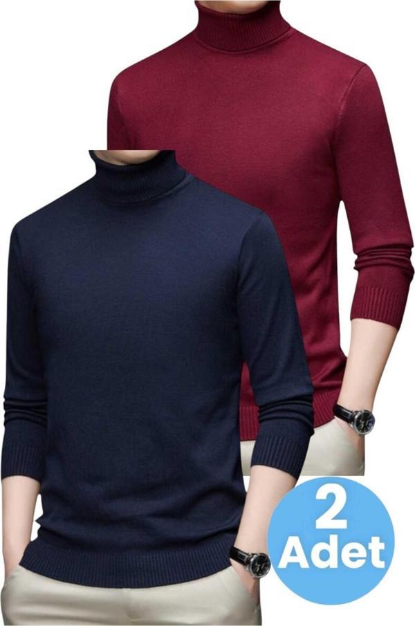 Uniquetrenders 2'Li  Erkek Tüylenmeyen Boğazlı Triko Kazak Balıkçı Triko Kazak Bordo - Lacivert L - Image 1