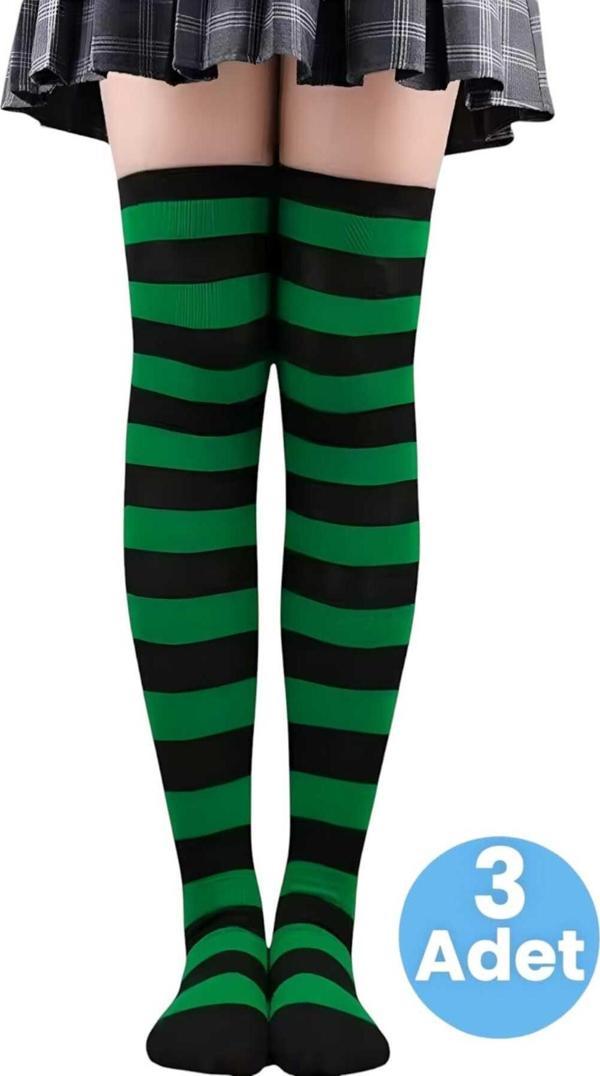 Uniquetrenders Kadın Kalın Şeritli 3'Lü Diz Üstü Çorap Yeşil - Siyah 36-41 - Image 1