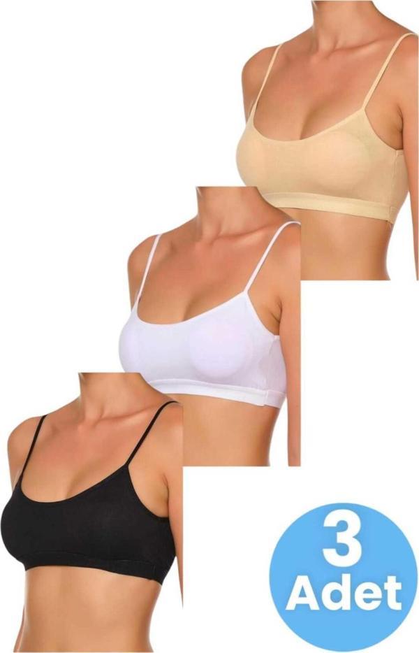 Uniquetrenders Kadın İnce Askılı Pedli Büstiyer Yarım Atlet Sütyen 3'Lü Set Ten - Siyah - Beyaz 80-85 - Image 1