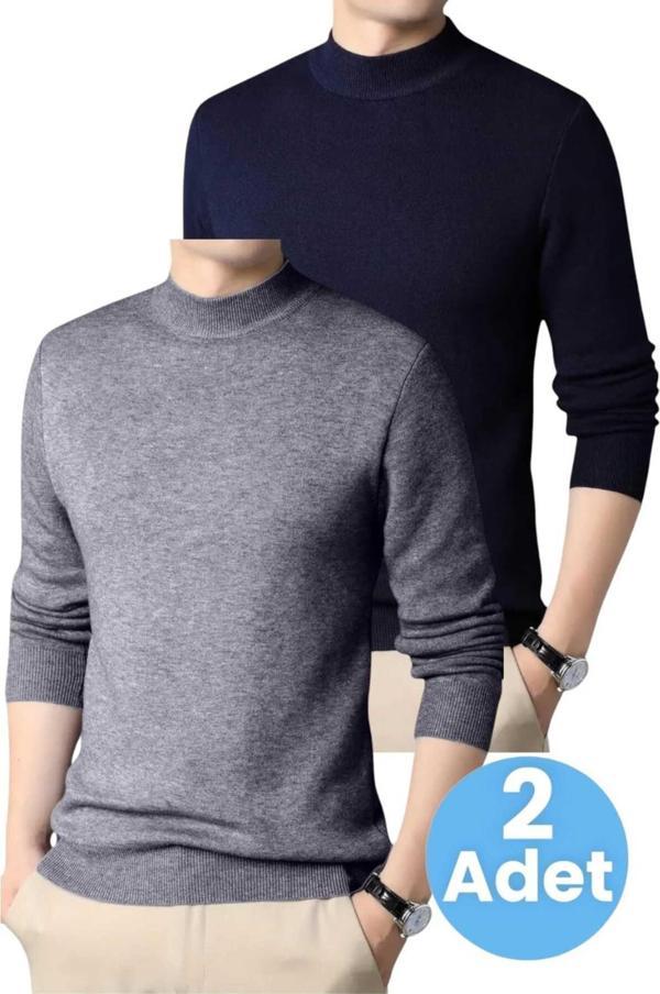 Uniquetrenders 2'Li  Erkek Tüylenmeyen Yarım Boğazlı Triko Kazak Yarım Balıkçı Triko Kazak Füme - Lacivert XL - Image 1