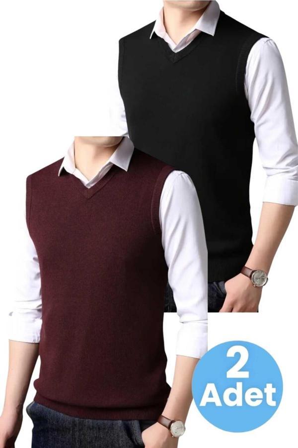 Uniquetrenders 2'Li  Erkek V Yaka Triko Tüylenmez Süveter Erkek Slim Fit Süveter Siyah - Bordo L - Image 1