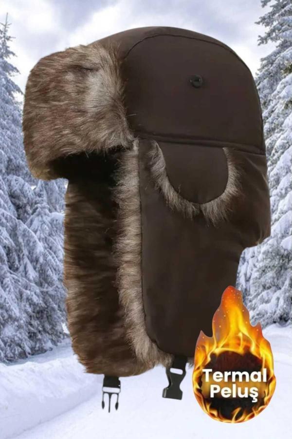 Uniquetrenders Unisex Termal Peluş Kürklü Pilot Şapka Kahverengi Standart - Image 1