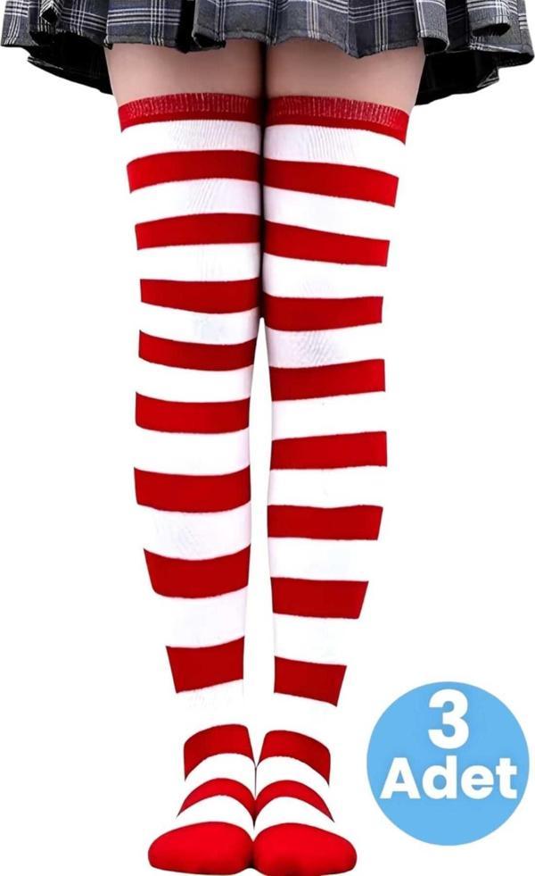 Uniquetrenders Kadın Kalın Şeritli 3'Lü Diz Üstü Çorap Kırmızı - Beyaz 36-41 - Image 1