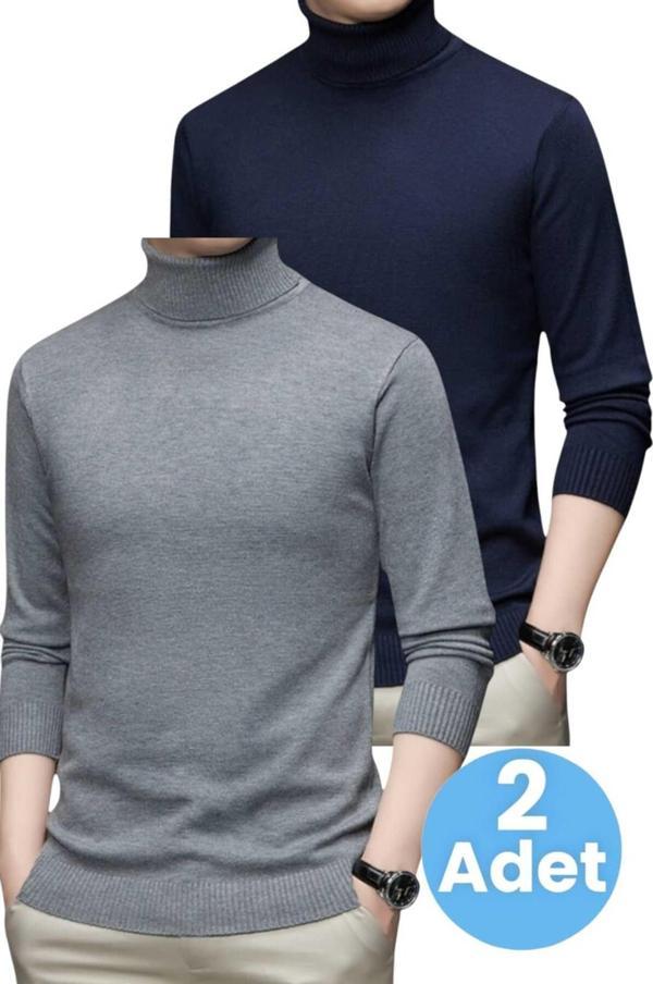 Uniquetrenders 2'Li  Erkek Tüylenmeyen Boğazlı Triko Kazak Balıkçı Triko Kazak Lacivert - Füme L - Image 1
