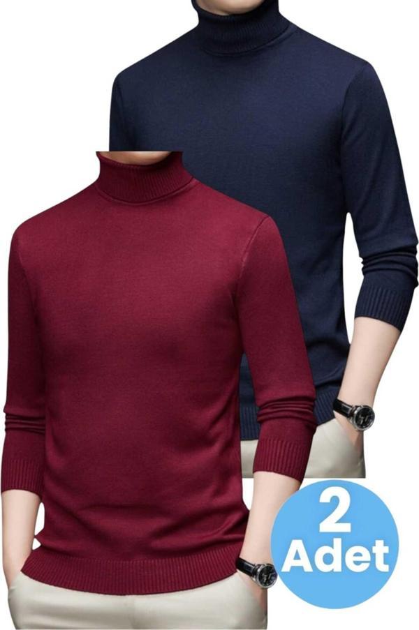 Uniquetrenders 2'Li  Erkek Tüylenmeyen Boğazlı Triko Kazak Balıkçı Triko Kazak Lacivert - Bordo S - Image 1