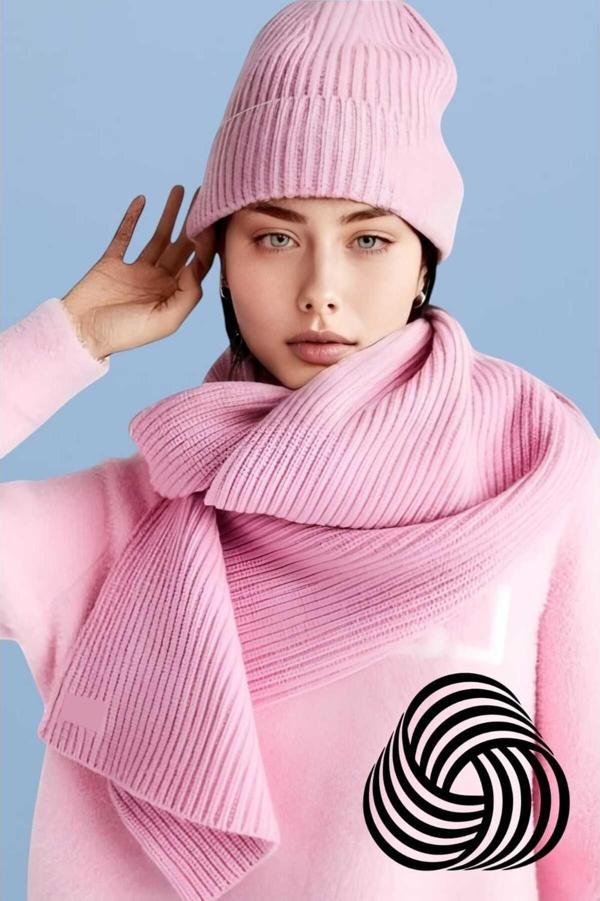 Uniquetrenders Kadın Tiftik Yün 2'Li Atkı Bere Takımı Pembe  - Image 1