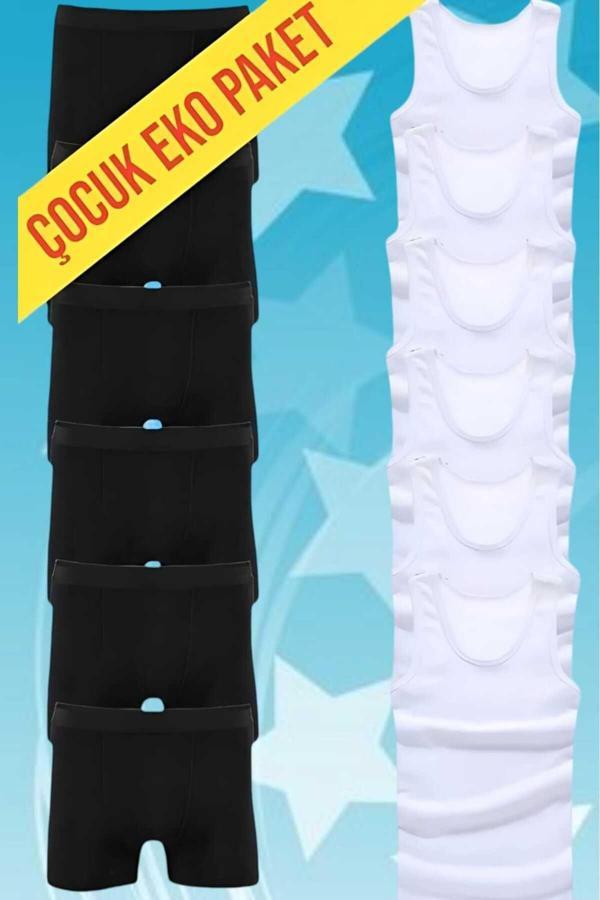 Uniquetrenders Erkek Çocuk İkili Set Pamuklu Penye 6 Atlet 6 Boxer Beyaz - Siyah 3-4 Yaş - Image 1