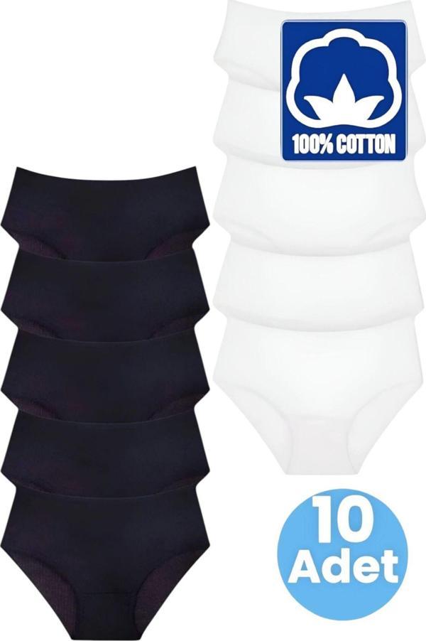 Uniquetrenders Kadın Yüksel Bel %100 Pamuklu 10'Lu Fitilli  Bato Külot Kadın 10'Lu Külot Beyaz - Siyah 2XL - Image 1