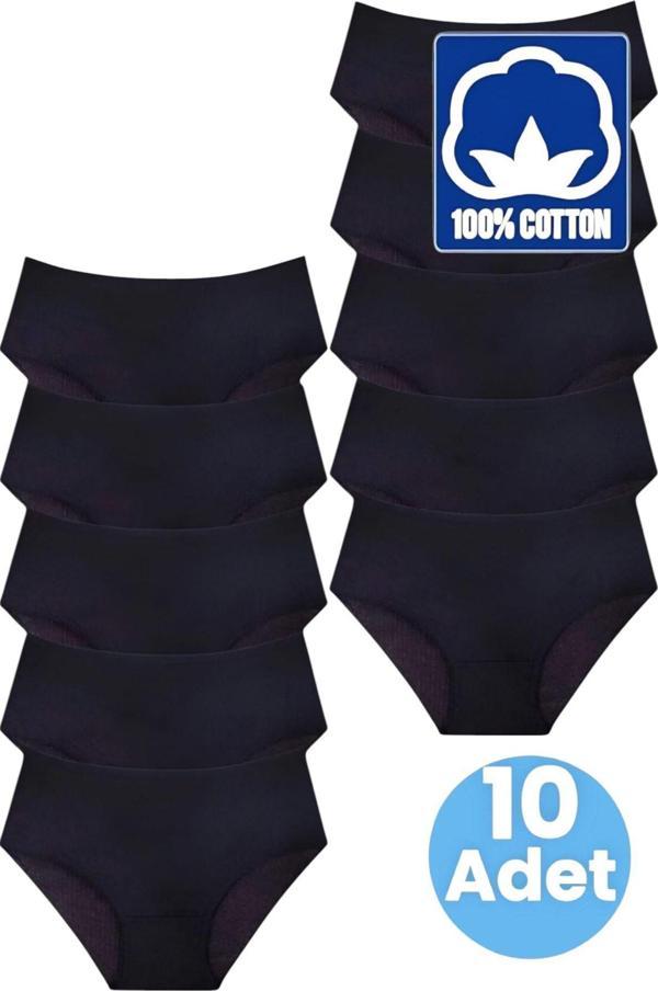Uniquetrenders Kadın Yüksel Bel %100 Pamuklu 10'Lu Fitilli  Bato Külot Kadın 10'Lu Külot Siyah - Siyah 2XL - Image 1