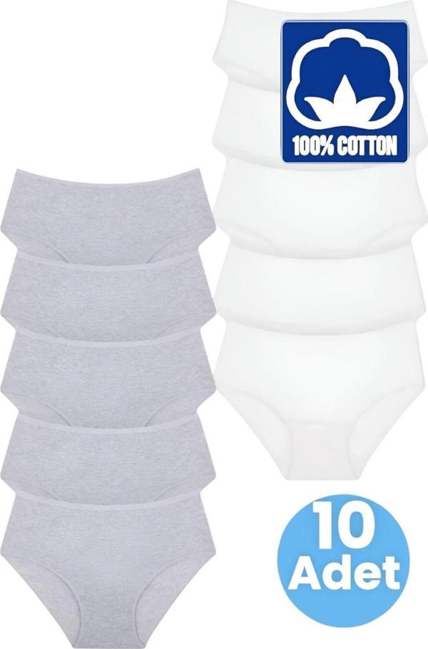 Uniquetrenders Kadın Yüksel Bel %100 Pamuklu 10'Lu Fitilli  Bato Külot Kadın 10'Lu Külot Beyaz - Gri 2XL - Image 1