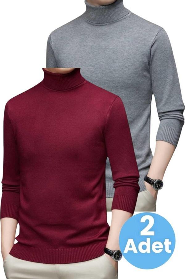 Uniquetrenders 2'Li  Erkek Tüylenmeyen Boğazlı Triko Kazak Balıkçı Triko Kazak Füme - Bordo 2XL - Image 1