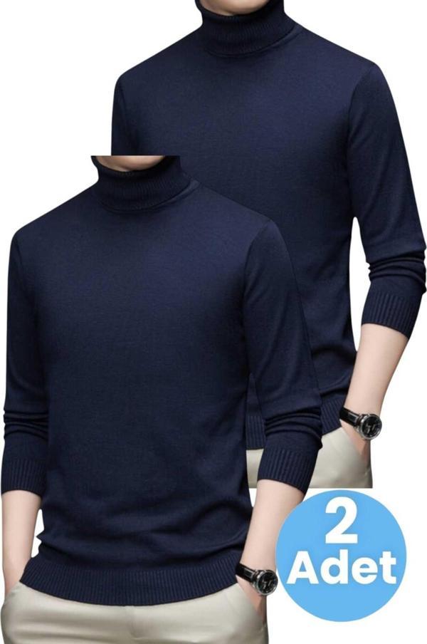 Uniquetrenders 2'Li  Erkek Tüylenmeyen Boğazlı Triko Kazak Balıkçı Triko Kazak Lacivert - Lacivert M - Image 1