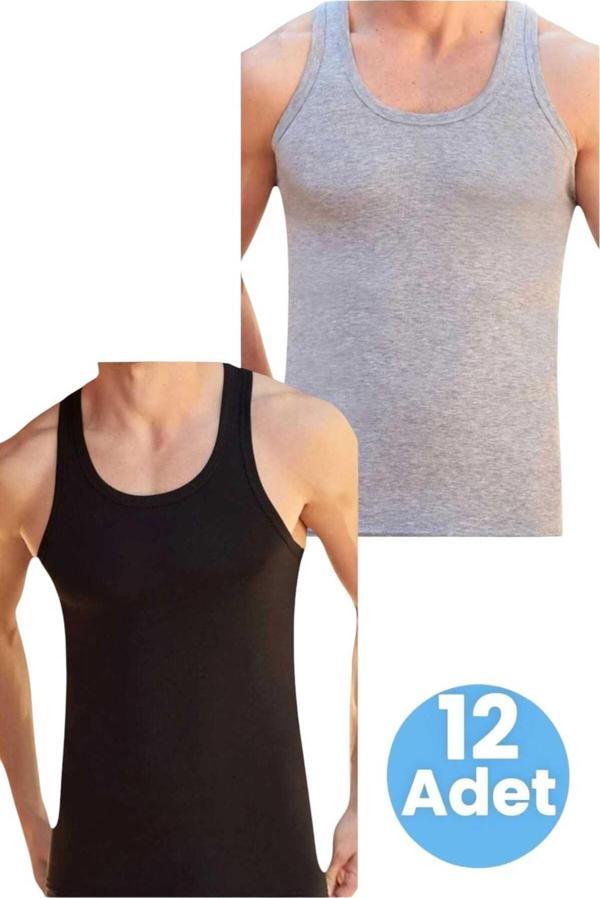 Uniquetrenders Erkek Pamuklu 2 Renk 12'Li Atlet Gri - Siyah S - Image 1