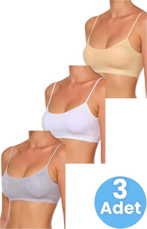 Uniquetrenders Kadın İnce Askılı Pedli Büstiyer Yarım Atlet Sütyen 3'Lü Set Ten - Beyaz - Gri 80-85 - Image 1